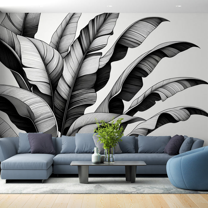 Papier peint feuillage noir et blanc | Pousse de feuilles de bananiers verticales