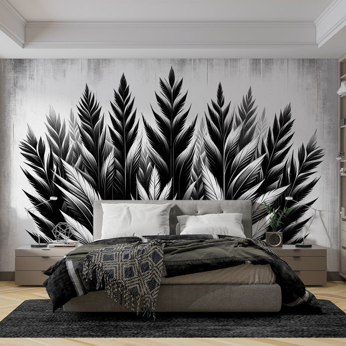 Papier peint feuillage noir et blanc | Pousse de feuilles de palmiers sur fond vieillit