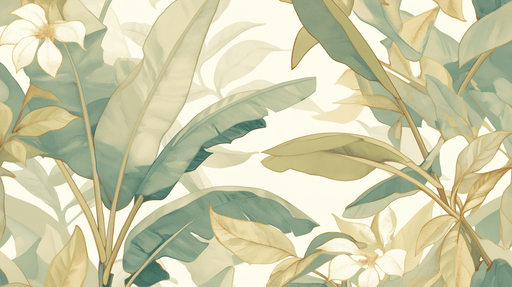Papier peint tropical aux motifs de grandes feuilles vertes et de fleurs délicates sur fond clair, créant une ambiance apaisante et naturelle.