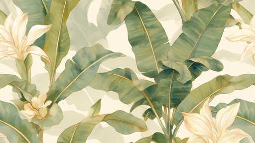 Papier peint tropical aux grandes feuilles vertes et fleurs blanches sur fond clair, créant une ambiance fraîche et apaisante.