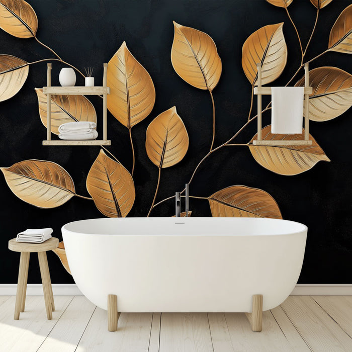 Papier peint salle de bain | Feuilles élégantes dorées sur fond noir