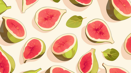 Papier peint illustrant des figues découpées aux teintes vives de rose et vert sur fond clair, créant une ambiance fraîche et fruitée.