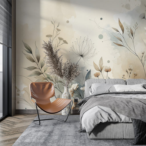 Une chambre moderne avec un papier peint floral aux teintes douces et pastel, créant une ambiance apaisante et naturelle.