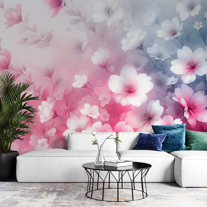 Papier peint fleuri rose | Champ de magnolias avec dégradé rose et bleu