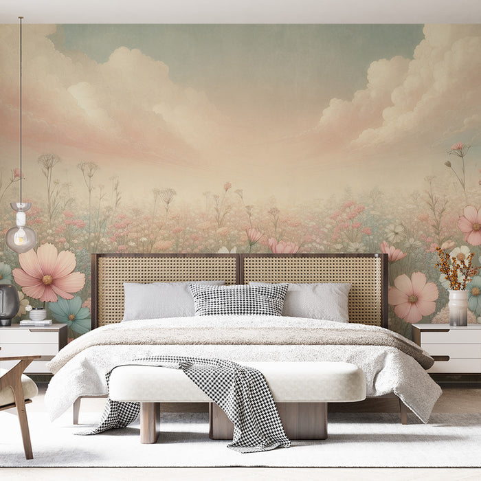 Papier peint fleuri rose | Champ de magnolias bleus, blancs et roses