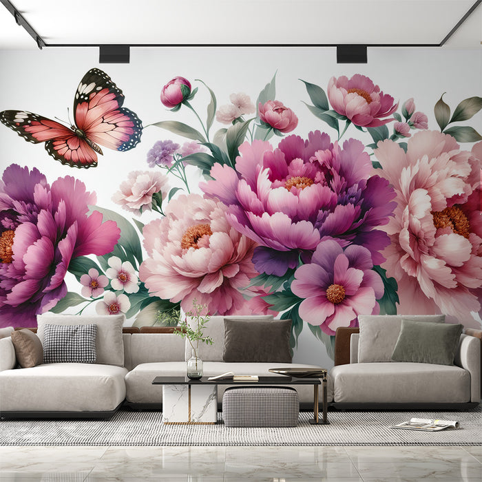 Papier peint fleuri rose | Chrysanthème et magnolia roses et violets avec papillon