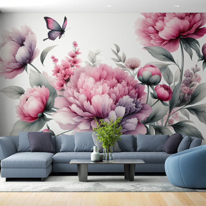 Papier peint fleuri rose | Chrysanthèmes roses et papillon