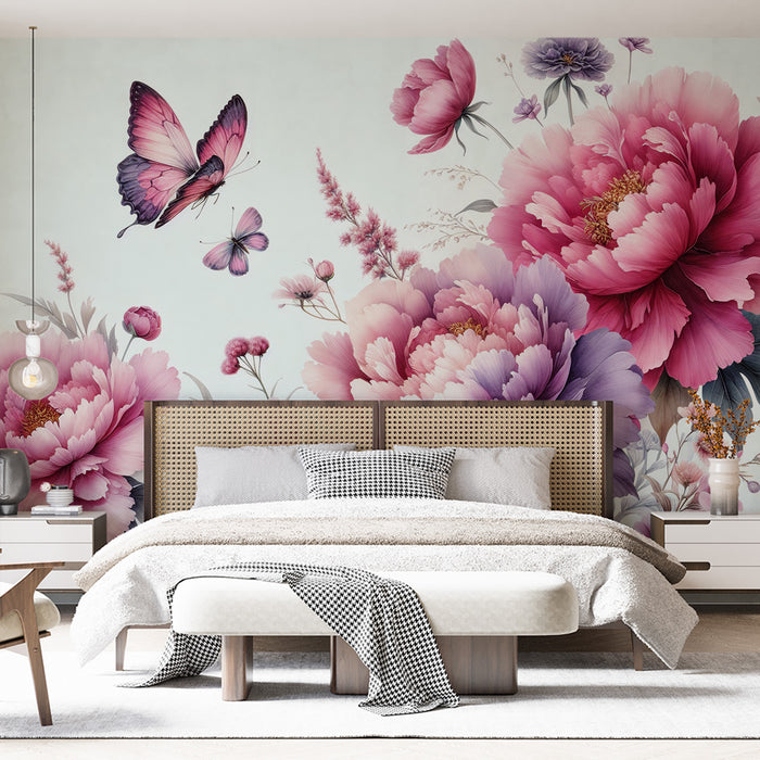Papier peint fleuri rose | Chrysanthèmes violettes et roses avec papillons