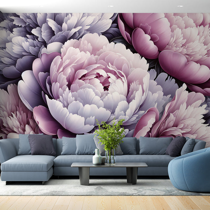 Papier peint fleuri rose | Chrysanthèmes voilettes et roses massives