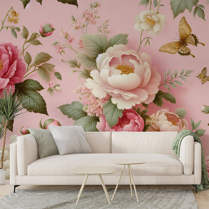 Papier peint fleuri rose | Chrysanthème vintage roses et blancs avec papillons