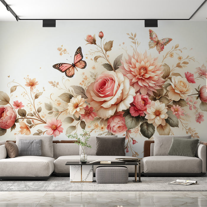 Papier peint fleuri rose | Composition florale avec des roses et des feuilles vertes