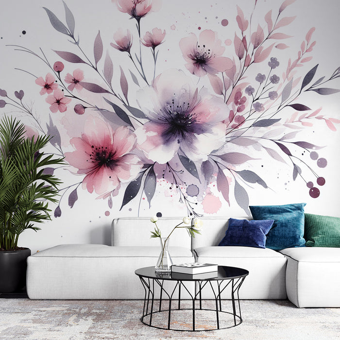 Papier peint fleuri rose | Composition florale magnolia violet et rose