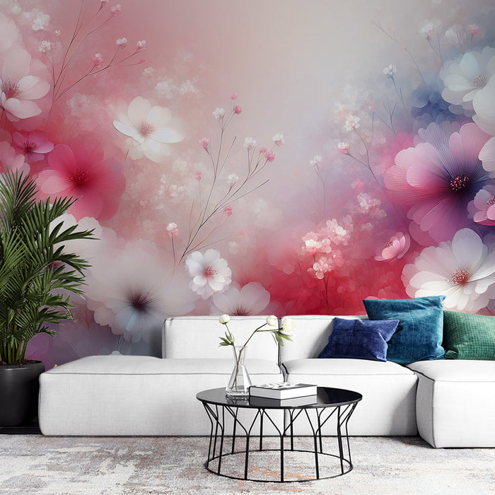Papier peint fleuri rose | Magnolia en aquarelle colorée en roses, blanches et bleues