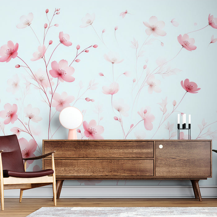 Papier peint fleuri rose | Magnolias roses sur fond bleuté