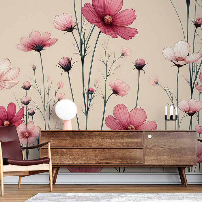 Papier peint fleuri rose | Magnolias vintage roses et rouges