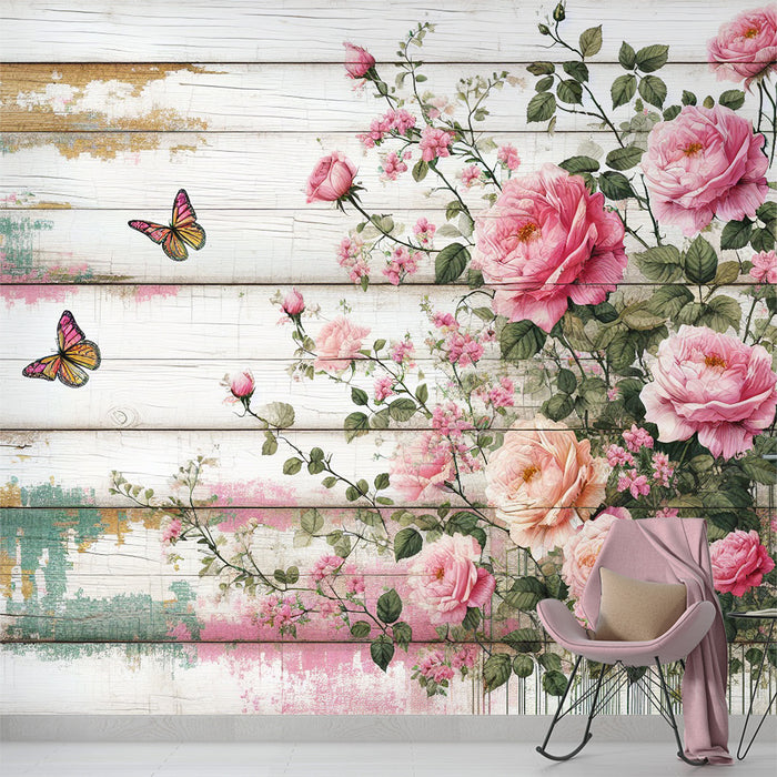 Papier peint fleuri rose | Rose piquante sur fond bois blanc vieillit