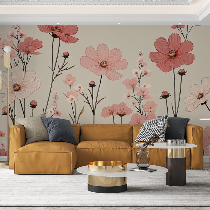 Papier peint fleuri rose | Tiges de magnolias rouges et roses