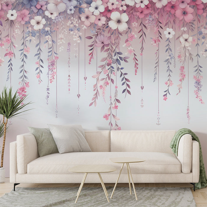 Papier peint fleuri rose | Tombée de fleurs violettes, roses et blanches