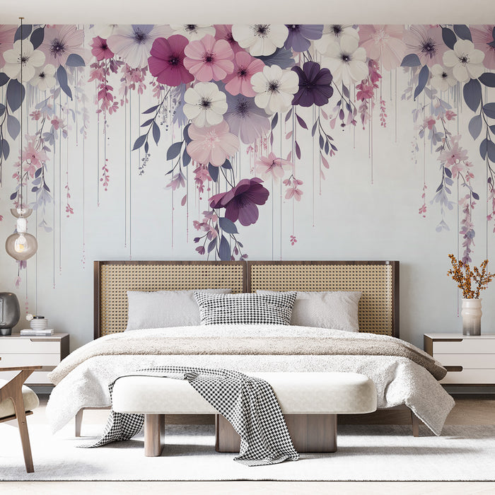 Papier peint fleuri rose | Tombée florale avec magnolias violets, blancs et roses