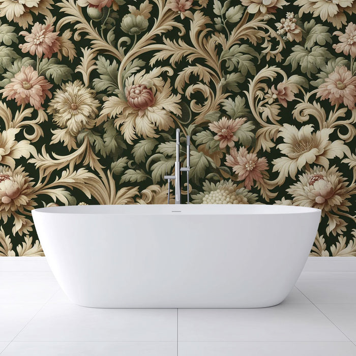 Une salle de bain élégante avec un papier peint floral aux motifs raffinés sur fond noir, mêlant des teintes douces de rose et de vert, créant une atmosphère chaleureuse et sophistiquée.