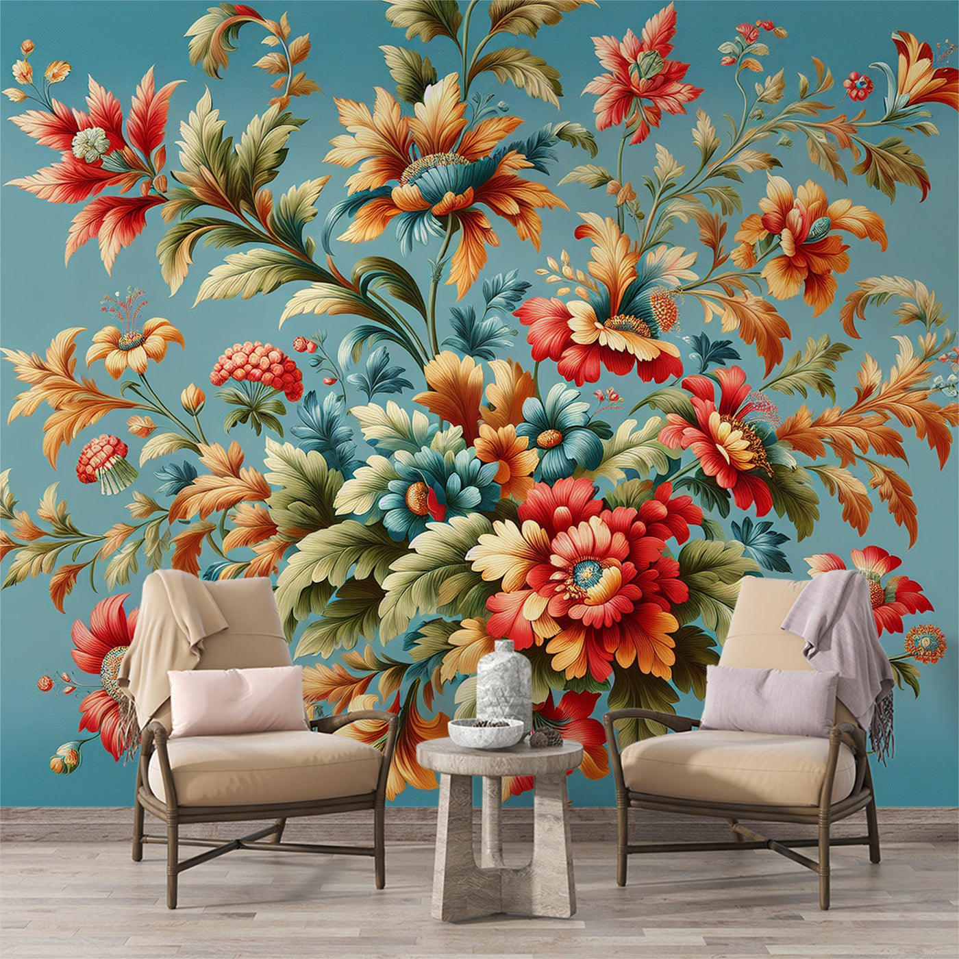 Papier peint fleuri vintage | Fleurs colorées sur fond bleu — LePapierPeint