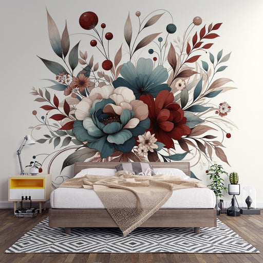 Une chambre moderne avec un papier peint floral aux teintes douces de bleu, rouge et beige, créant une atmosphère chaleureuse et accueillante.