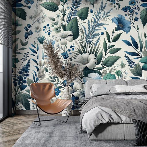 Une chambre moderne avec un papier peint floral bleu et vert sur fond clair, créant une atmosphère apaisante et élégante.