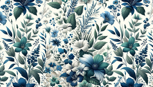 Papier peint floral aux teintes de bleu et de vert, avec des motifs luxuriants de fleurs et de feuillages, créant une atmosphère fraîche et apaisante.