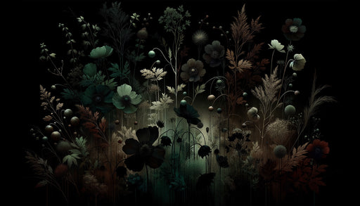 Papier peint floral aux teintes sombres et profondes, représentant une végétation délicate qui évoque une atmosphère mystérieuse et apaisante.