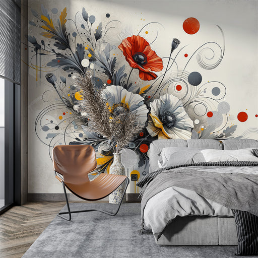 Une chambre moderne avec un papier peint floral aux motifs vibrants de coquelicots rouges et de fleurs blanches, créant une atmosphère artistique et dynamique.