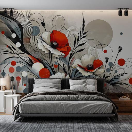 Une chambre moderne avec un papier peint floral aux coquelicots rouges et blancs, agrémenté de formes géométriques colorées, créant une ambiance artistique et dynamique.
