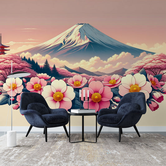 Papier peint fleurs japonaises | Fleurs Kosumosu et Mont Fuji