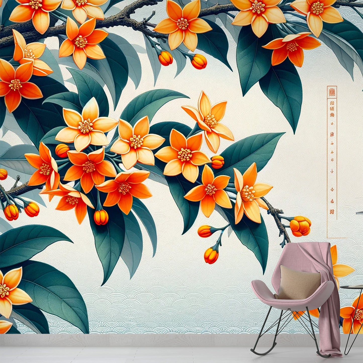 Papier peint fleurs japonaises | Fleurs de camélia orange avec des vagues