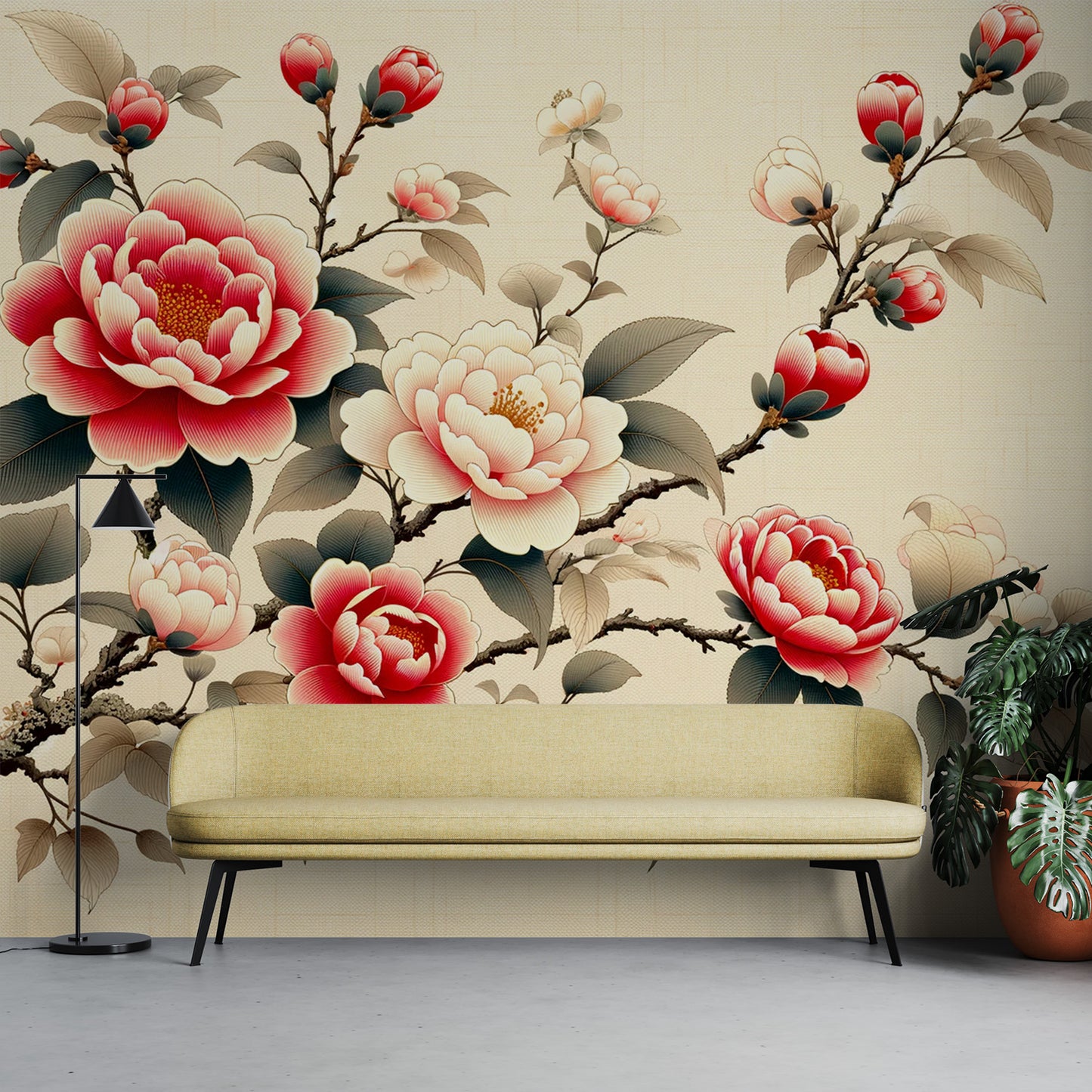 Papier peint fleurs japonaises | Fleurs de camélia roses et blanches