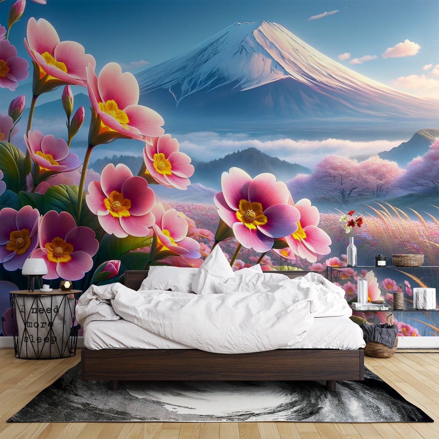 Papier peint fleurs japonaises | Fleurs roses et Mont Fuji