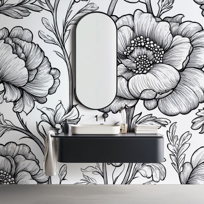 Une salle de bain moderne avec un papier peint floral noir et blanc aux motifs élégants, créant une ambiance artistique et sophistiquée.