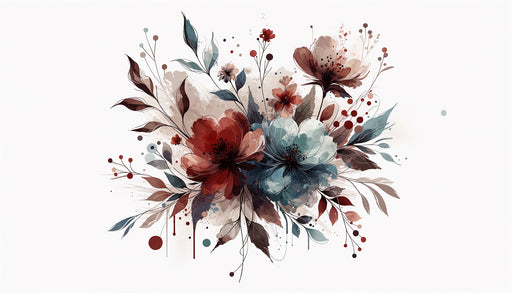 Papier peint floral aux teintes douces de bleu et rouge, avec des motifs délicats et abstraits, créant une ambiance artistique et romantique.