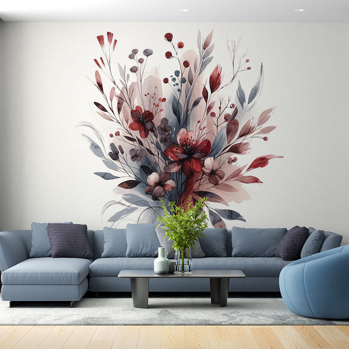 Papier peint floral | Composition en aquarelle rouge et gris