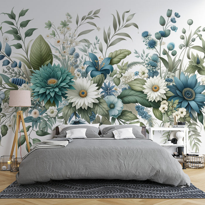 Papier peint floral | Composition floral et feuillage verts, blancs et bleu