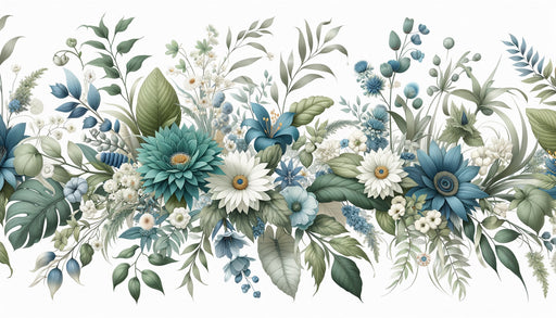 Papier peint floral aux teintes douces de bleu et de vert, présentant des motifs luxuriants de fleurs et de feuillages, créant une ambiance apaisante et élégante.
