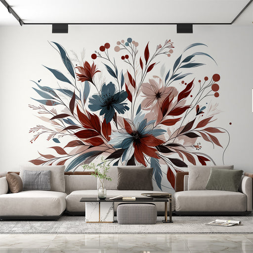 Un salon moderne avec un papier peint floral aux teintes bleu, rouge et beige, créant une atmosphère chaleureuse et artistique.