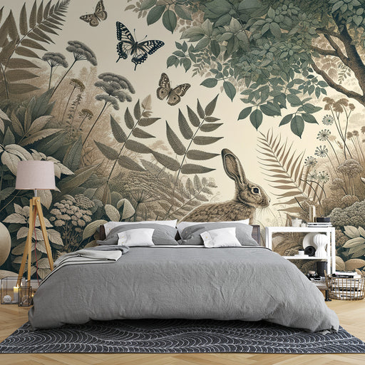 Une chambre apaisante avec un papier peint illustrant une scène naturelle, où un lapin se fond parmi des feuillages et des papillons dans des tons doux.