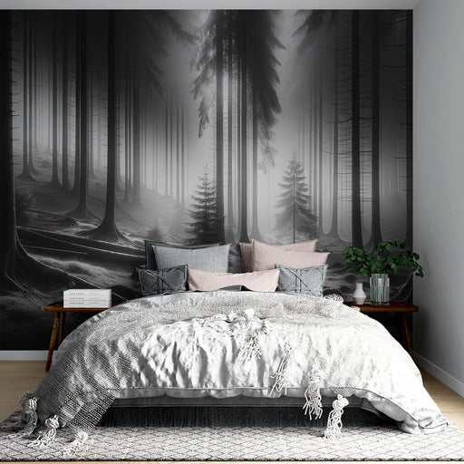 Une chambre accueillante avec un papier peint représentant une forêt mystique en noir et blanc, créant une atmosphère apaisante et mystérieuse.