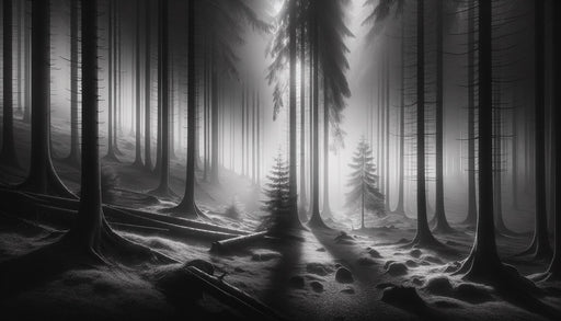 Papier peint monochrome représentant une forêt mystérieuse avec des arbres élancés, créant une ambiance sombre et énigmatique, presque onirique.