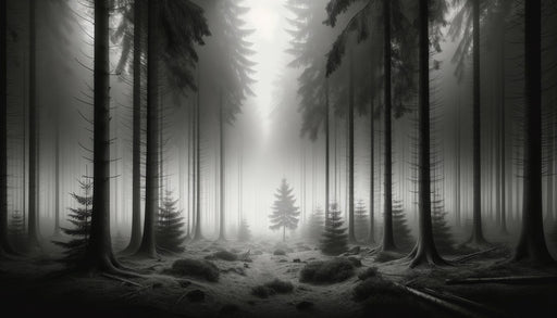 Papier peint monochrome représentant une forêt brumeuse, avec des silhouettes d'arbres élancés créant une ambiance mystérieuse et apaisante.