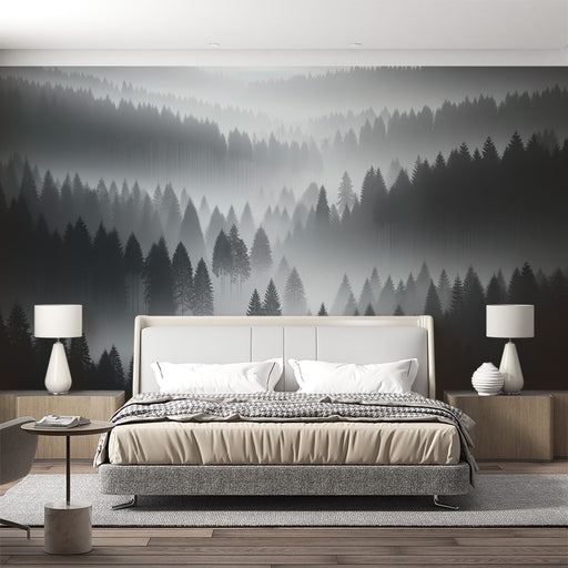 Une chambre moderne avec un papier peint représentant une forêt brumeuse en nuances de gris, créant une atmosphère apaisante et mystérieuse.