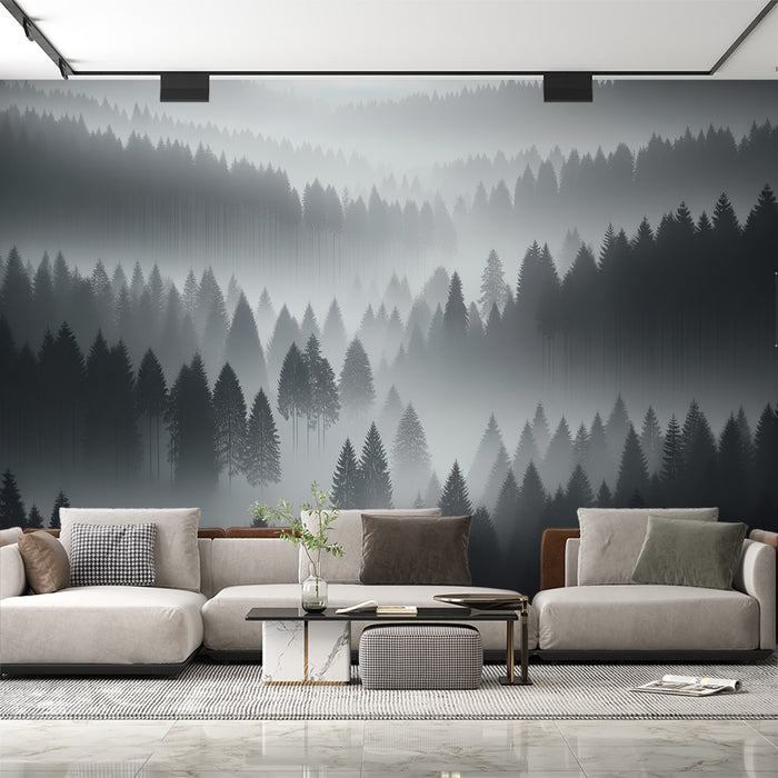 Papier peint forêt | Brume mystérieuse parmi des conifères en nuances de gris