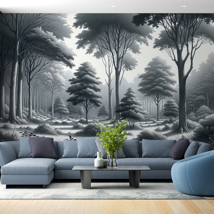 Papier peint forêt | Contrastes de gris avec arbres détaillés et touffes d'herbes
