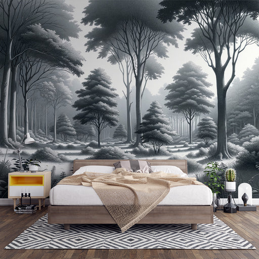 Une chambre moderne avec un papier peint représentant une forêt en nuances de gris, créant une atmosphère apaisante et naturelle.