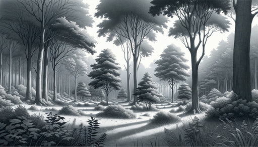 Papier peint représentant une forêt en nuances de gris, avec des arbres majestueux et une atmosphère sereine et mystérieuse.